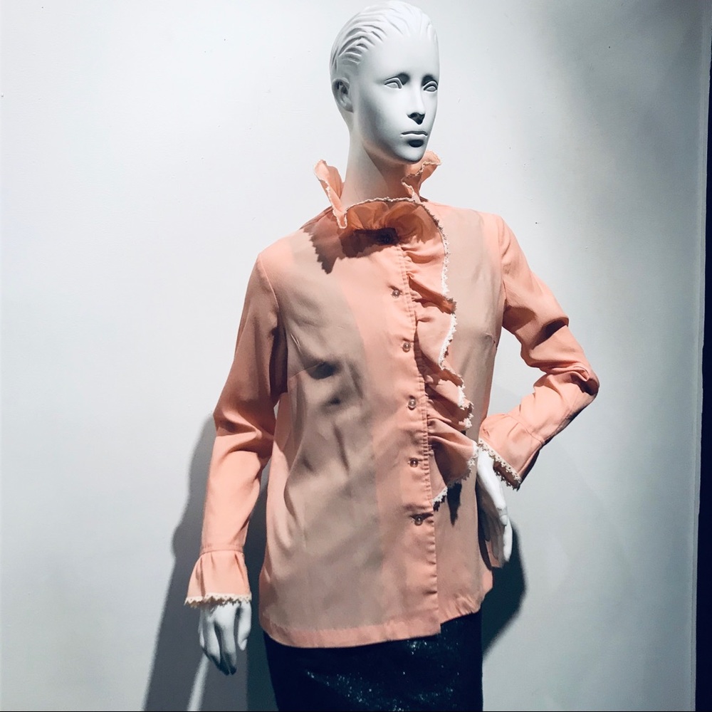 PEACHY KEEN Vintage 70s Peach Ruffle Blouse sz M - Picture 2 of 7